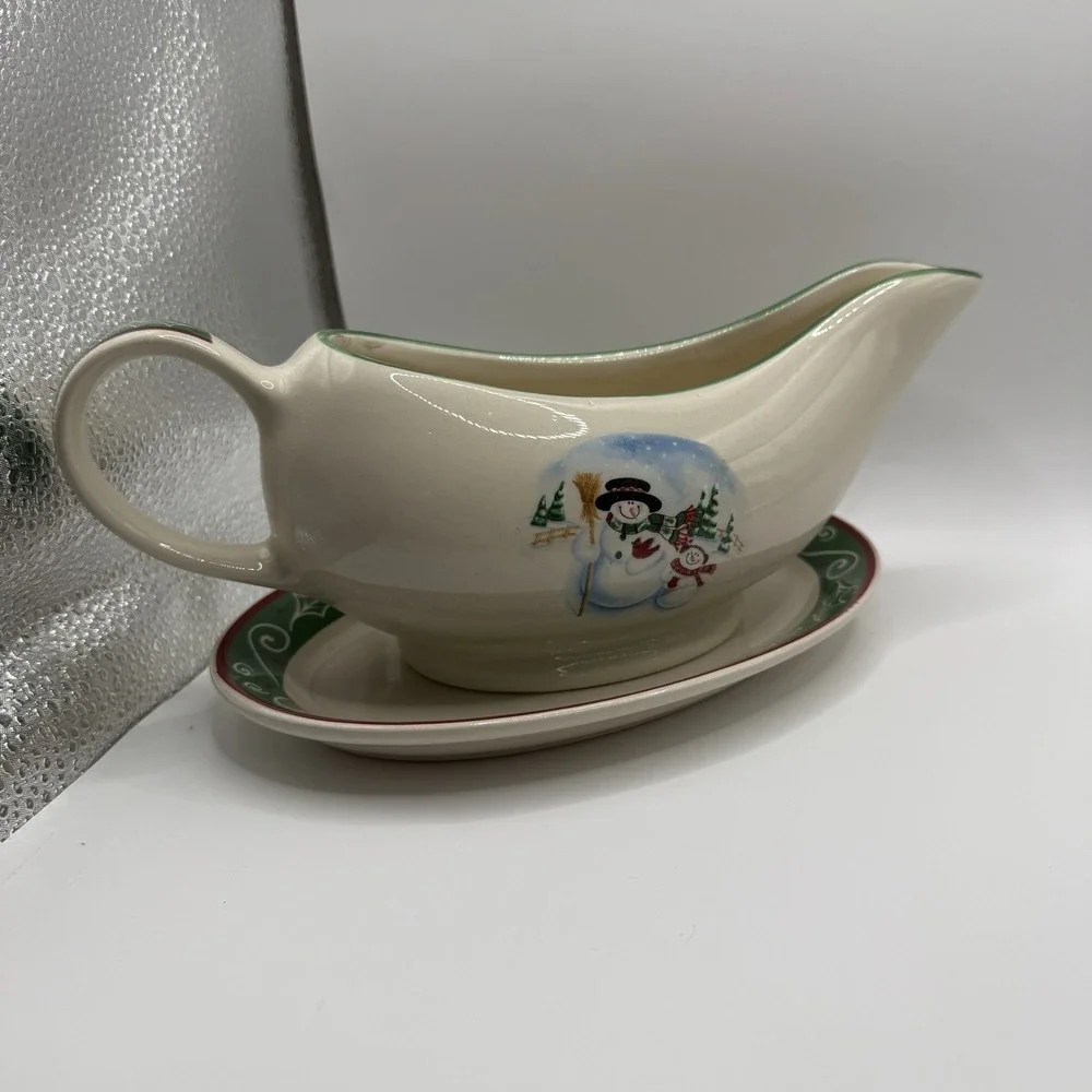 Royal Seasons‎ 5 Piece Stoneware Accessory Set Christmas Holiday Snowmen Green
